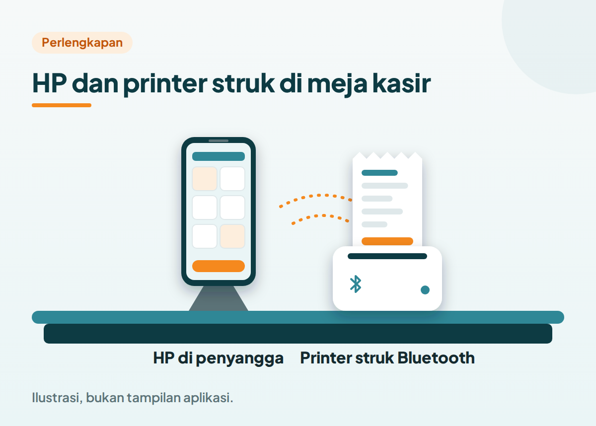 Langkah memakai kasir di HP: buka di browser, masuk dan atur PIN staf, sambungkan printer Bluetooth, lalu transaksi uji
